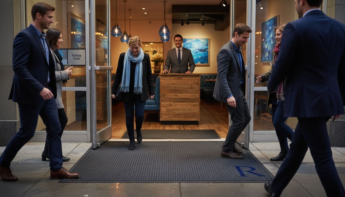 Restaurant entrance with slip-resistant door mat