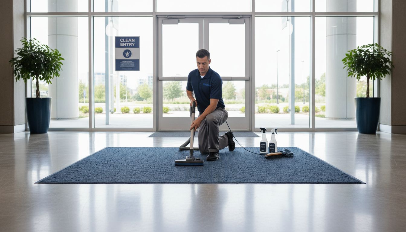 Maintenance cleaning Waterhog mat in lobby