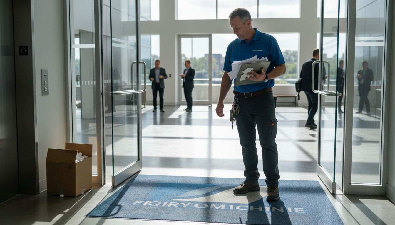 Custom logo doormat at office lobby entrance