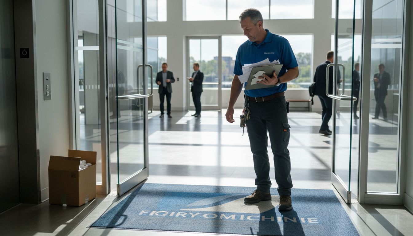 Custom logo doormat at office lobby entrance
