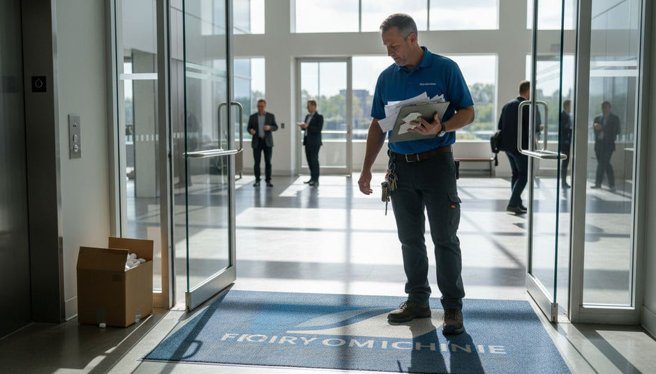 Custom logo doormat at office lobby entrance
