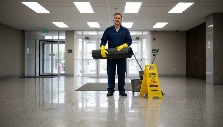 Janitor prepares to clean floor mats in lobby