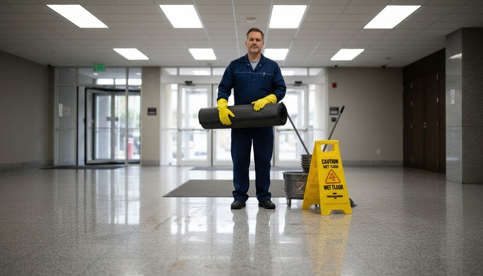 Janitor prepares to clean floor mats in lobby