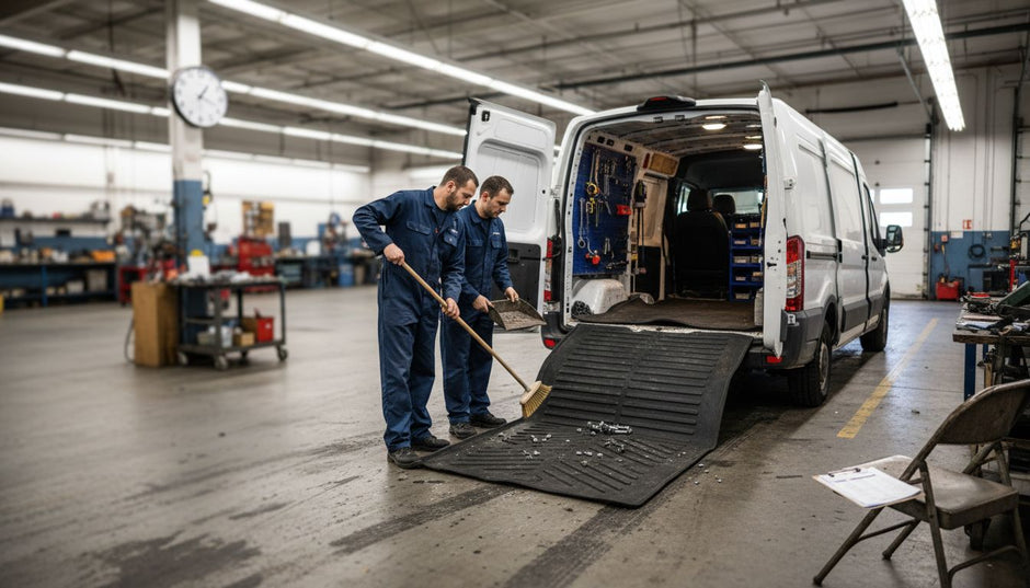 Workers cleaning commercial van rubber floor mat