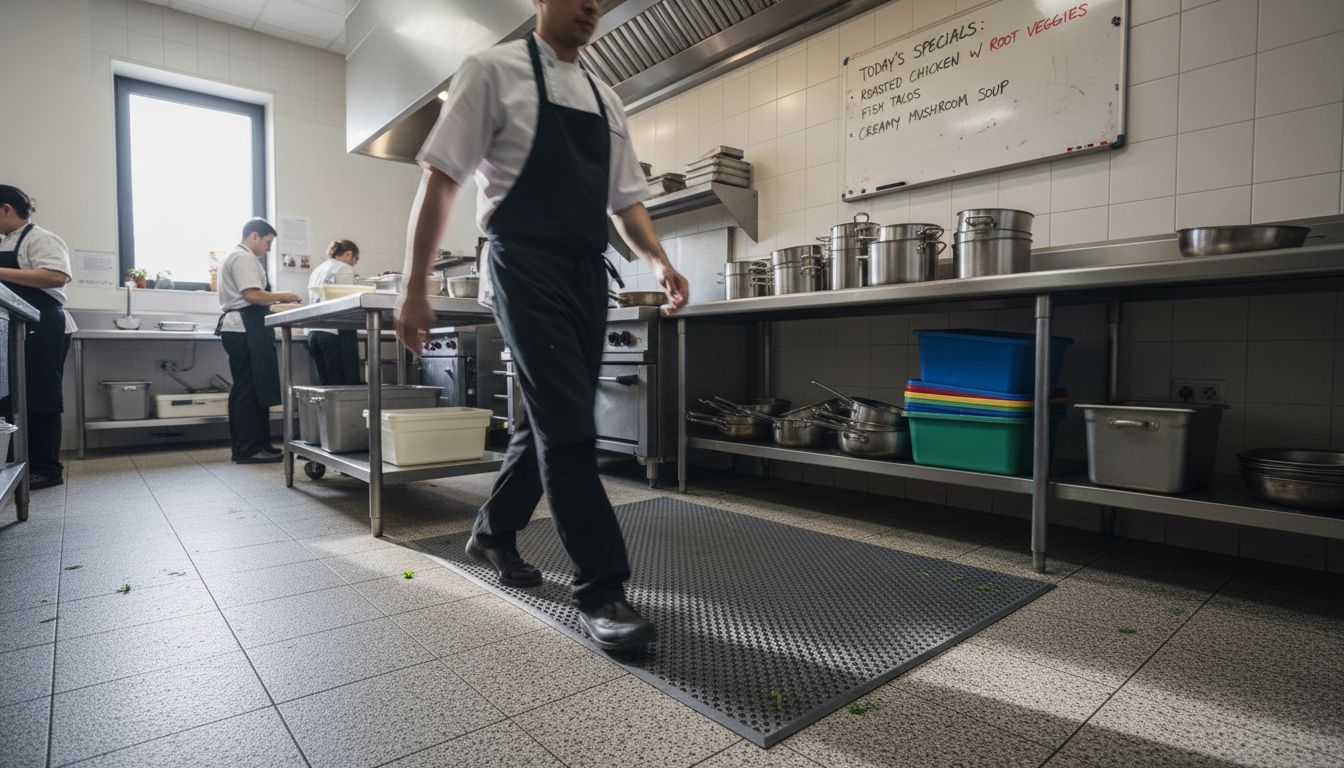 Chef walking on non slip mat in kitchen