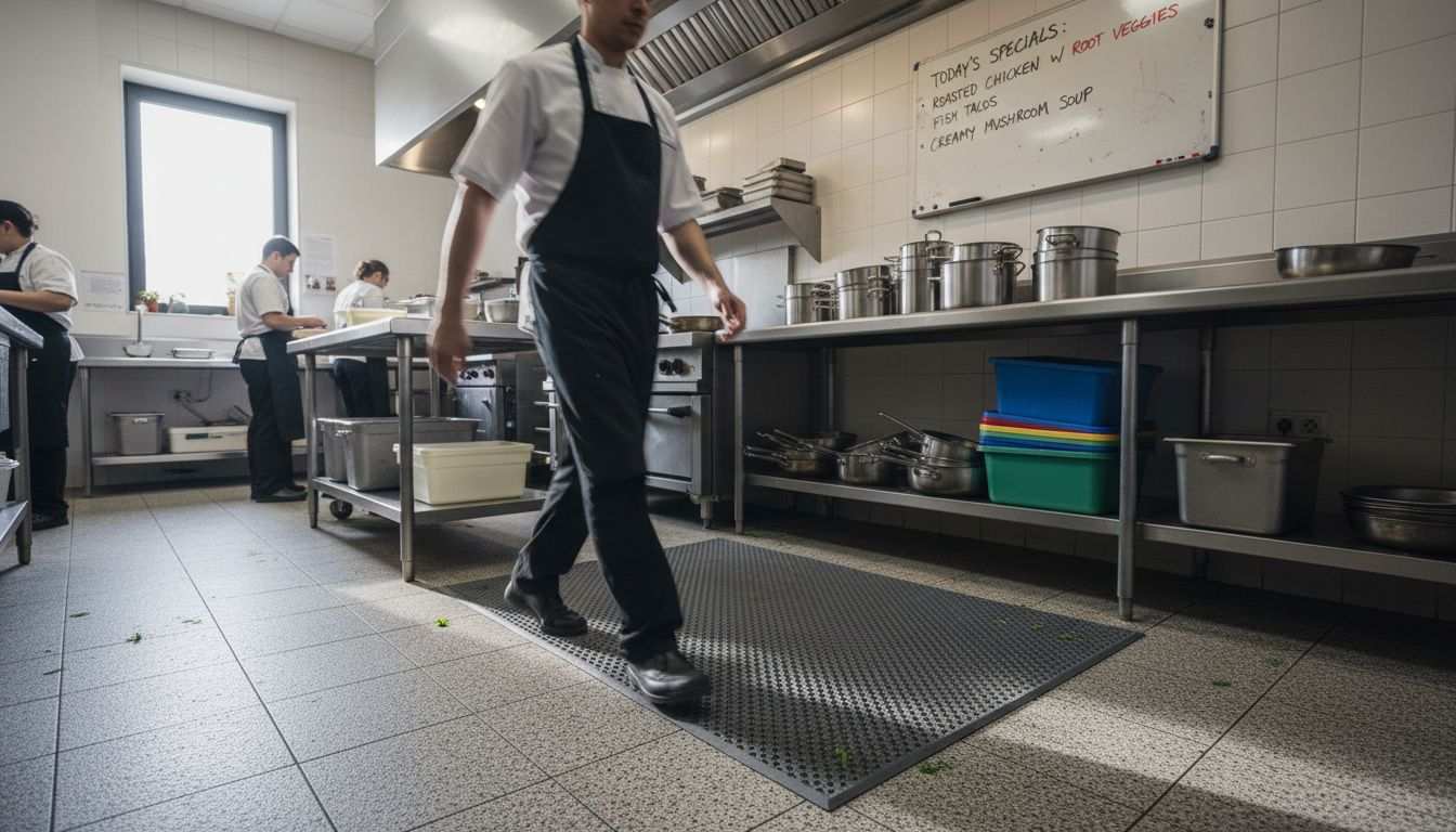 Chef walking on non slip mat in kitchen