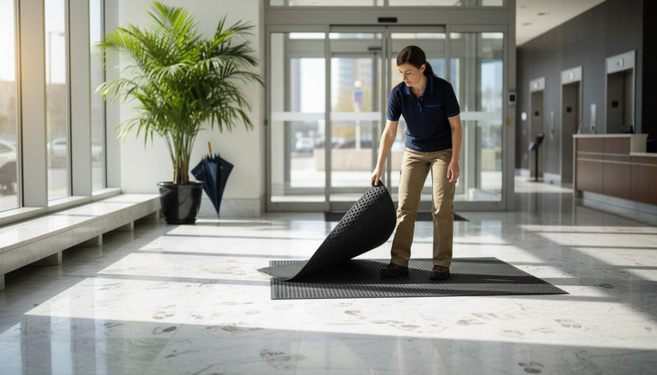 Manager placing slip-proof mat in business lobby