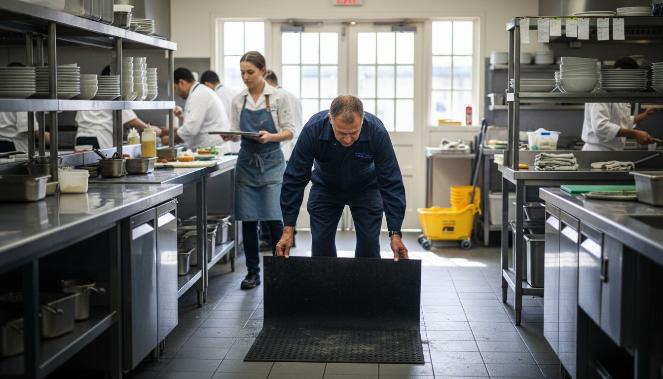 Manager adjusting slip proof mat in kitchen
