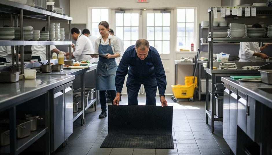 Manager adjusting slip proof mat in kitchen