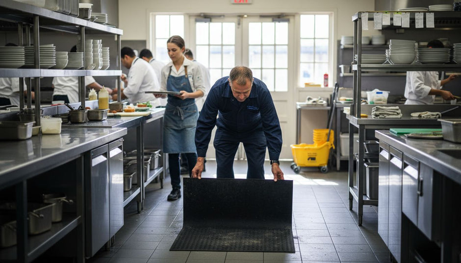 Manager adjusting slip proof mat in kitchen