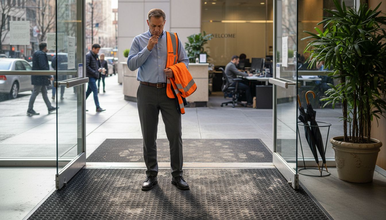 Manager inspecting rubber mat near office entrance