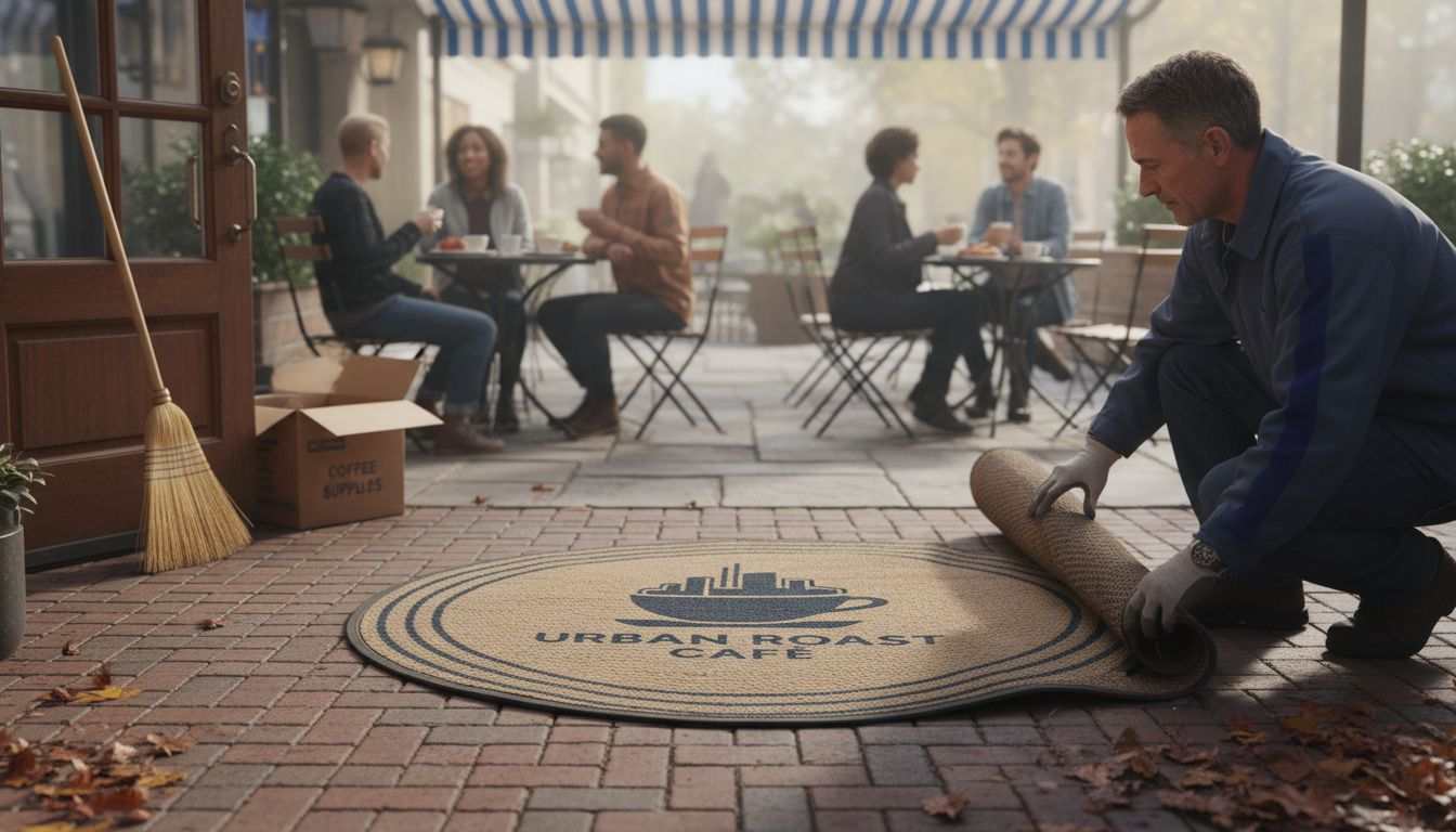 Installing custom logo rug outside café