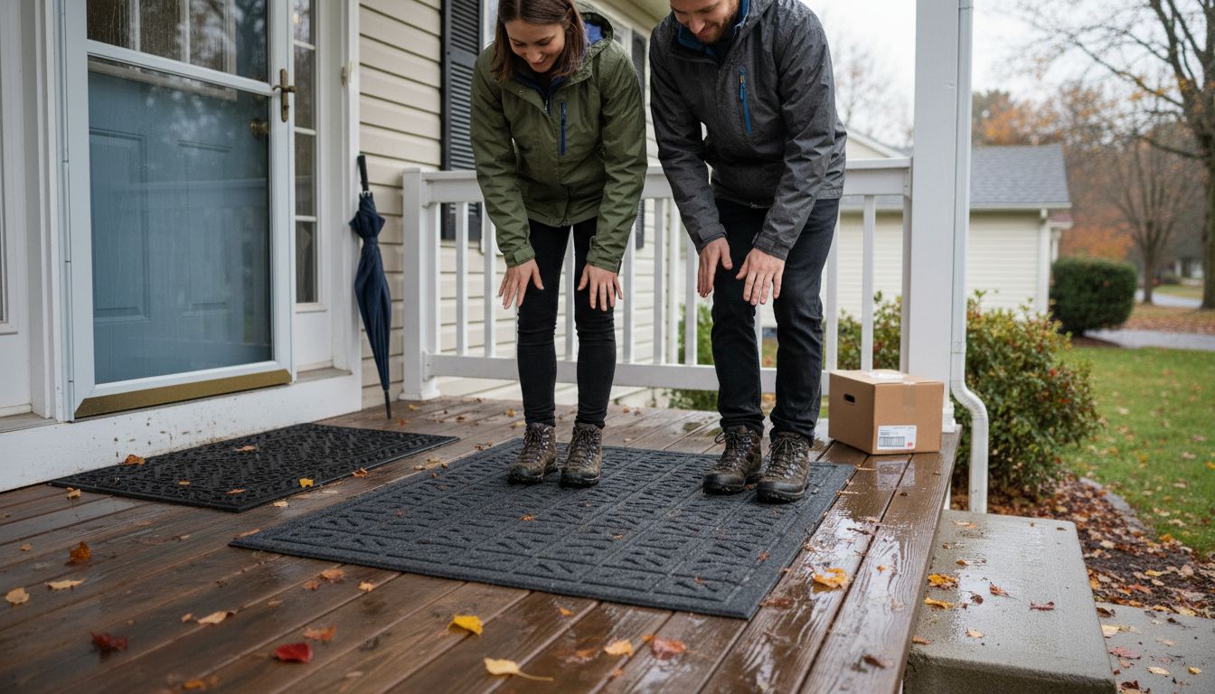 Couple wiping shoes on rain mat at wet porch