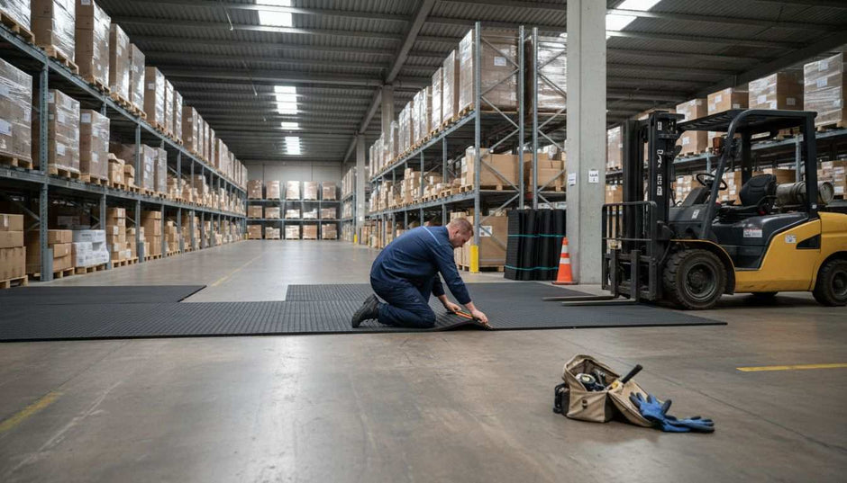 Warehouse workers installing rubber mats