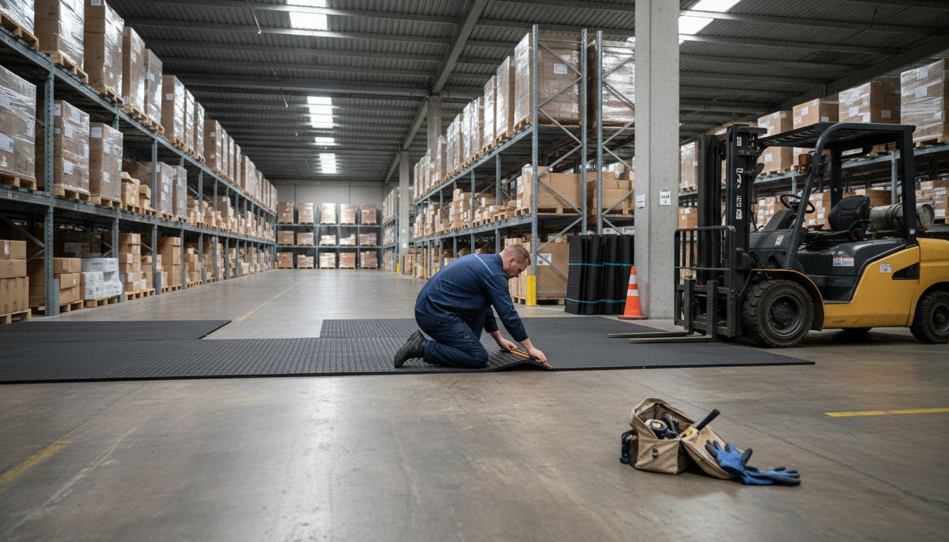 Warehouse workers installing rubber mats