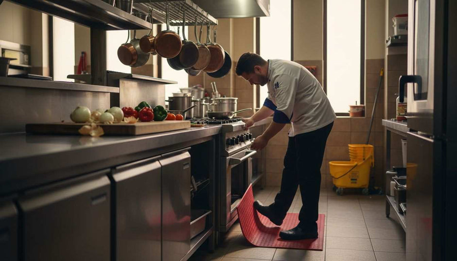 Line cook adjusts kitchen non slip mat