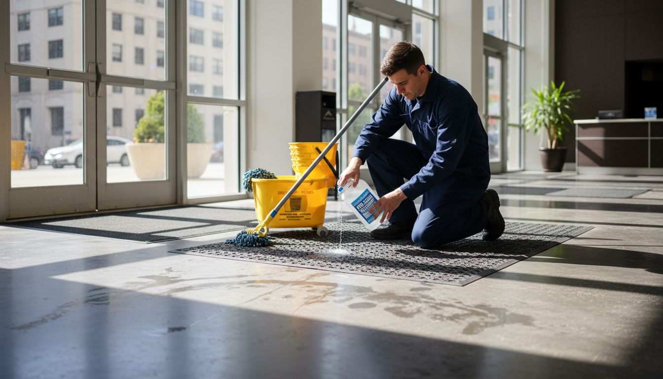 Worker applying cleaner to mat in business lobby