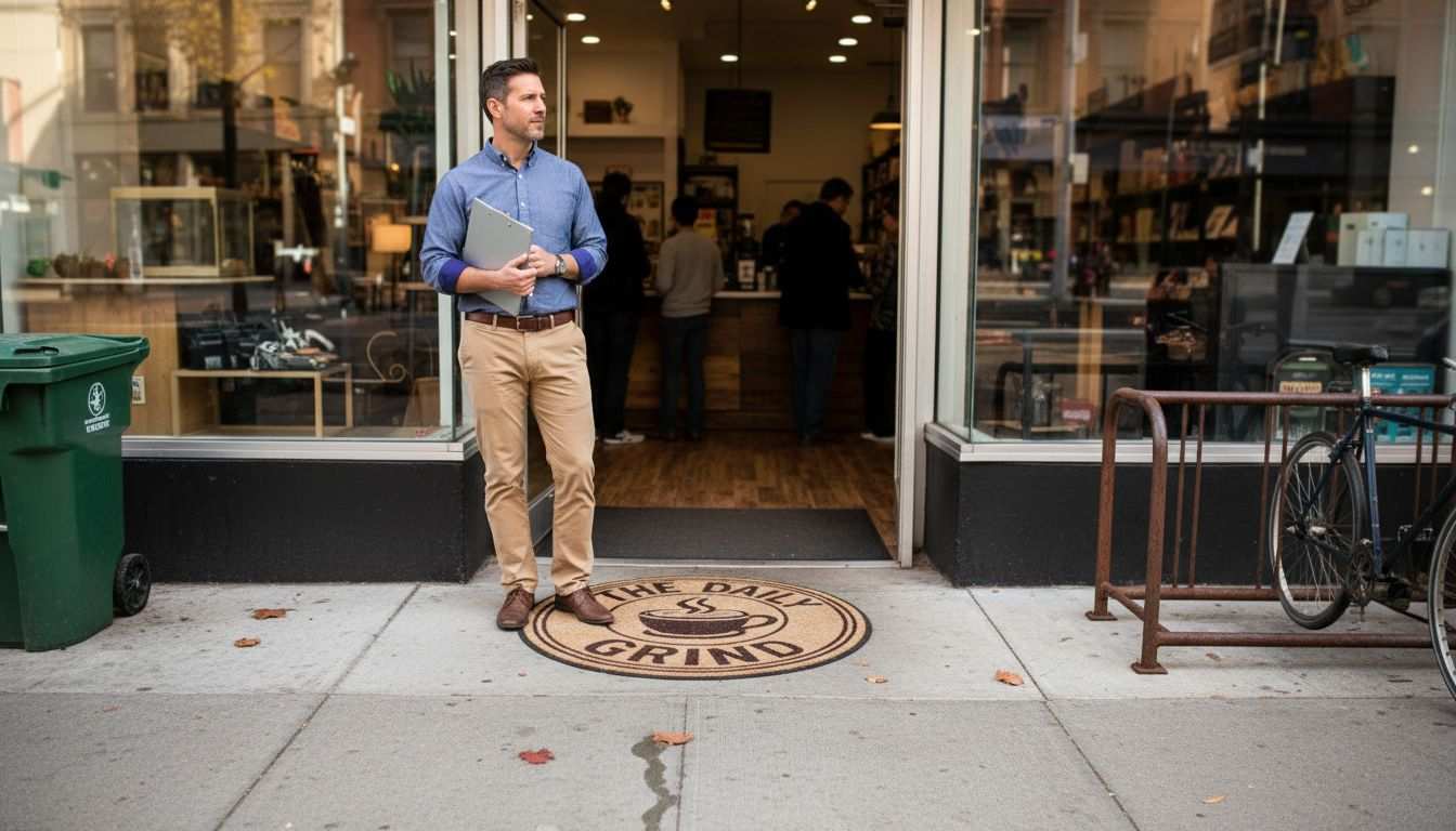 Business entrance with custom logo outdoor rug