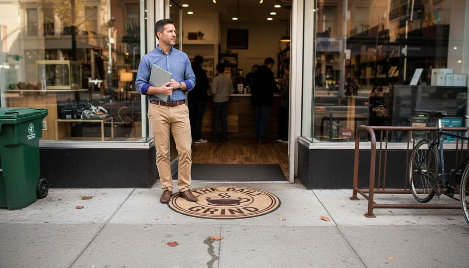 Business entrance with custom logo outdoor rug