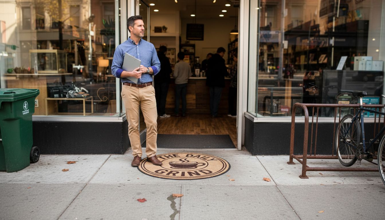 Business entrance with custom logo outdoor rug