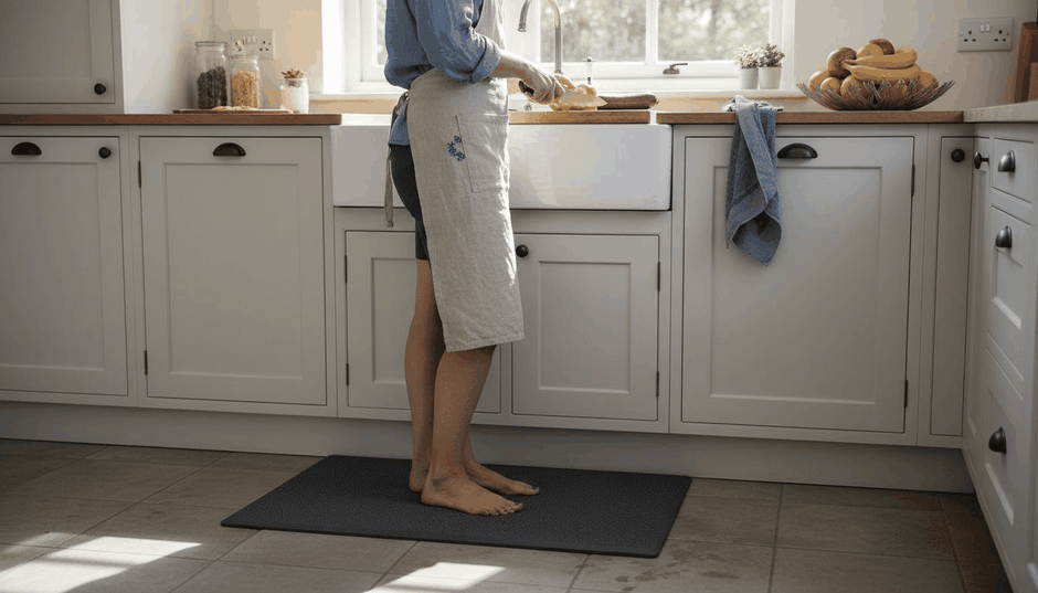 Woman using anti fatigue mat at kitchen counter