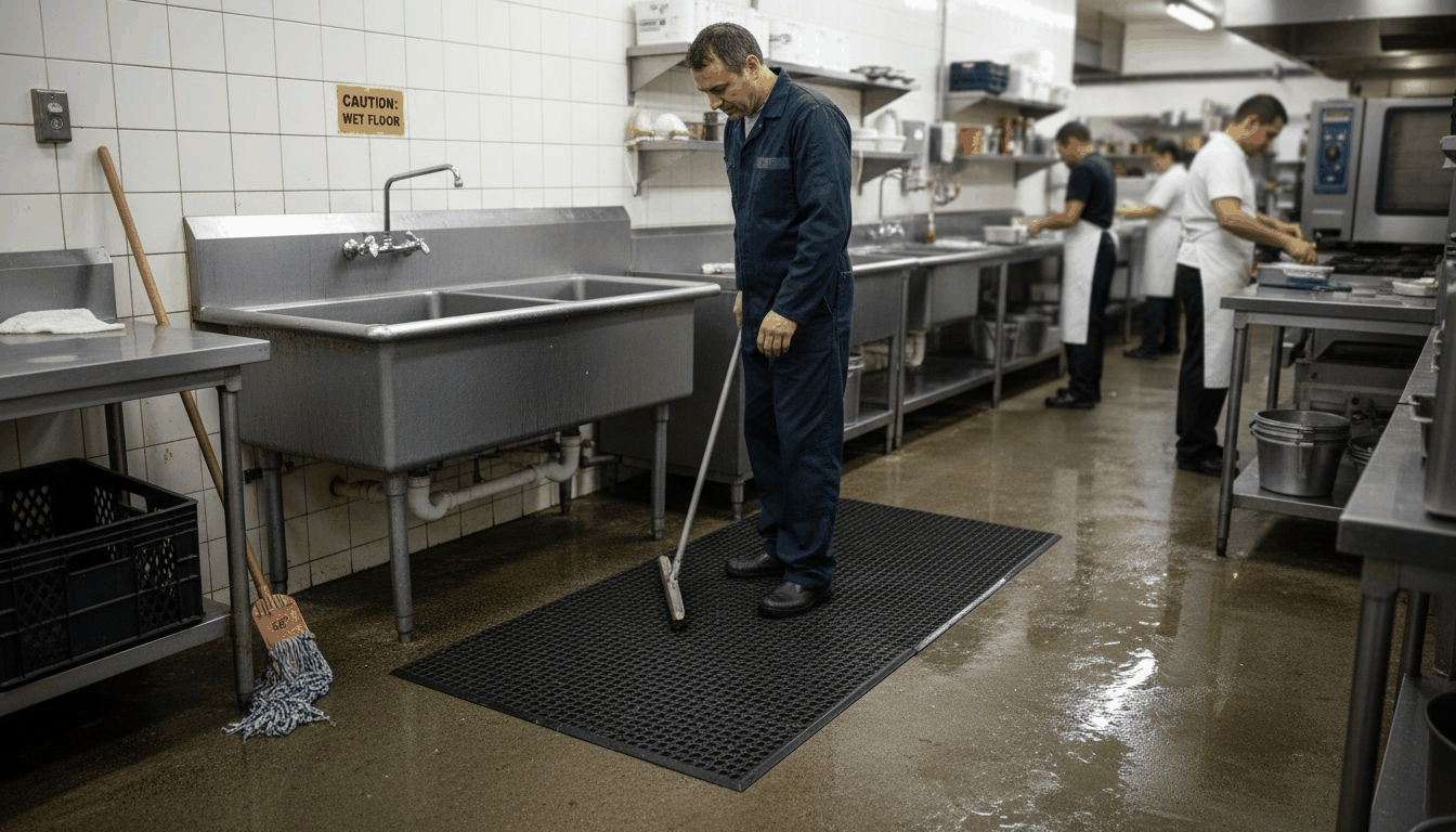 Janitor standing on wet area anti fatigue mat