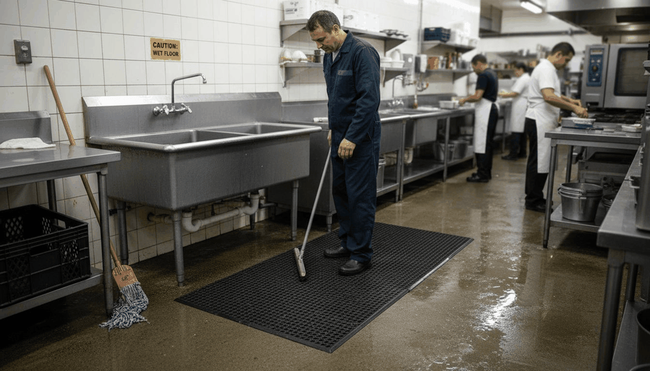 Janitor standing on wet area anti fatigue mat