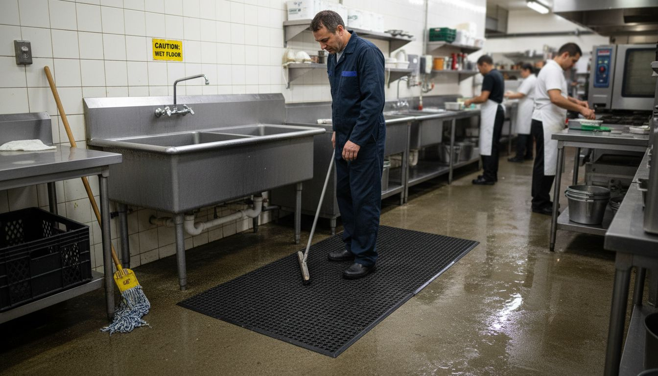 Janitor standing on wet area anti fatigue mat