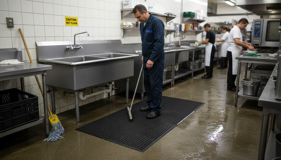 Janitor standing on wet area anti fatigue mat