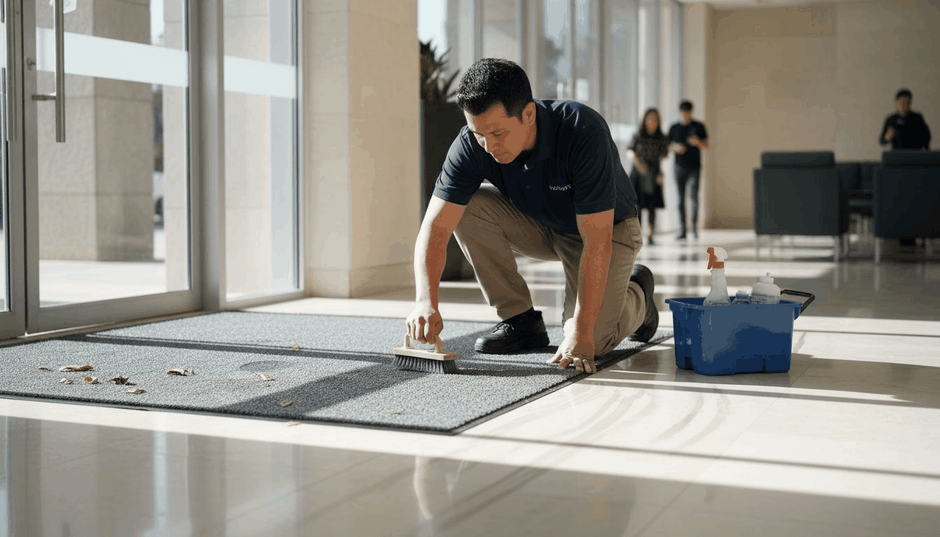 Manager cleaning lobby mat near glass doors