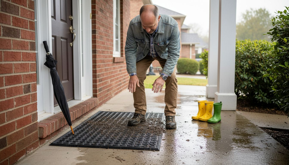 Homeowner wiping shoes on outdoor mat in rain