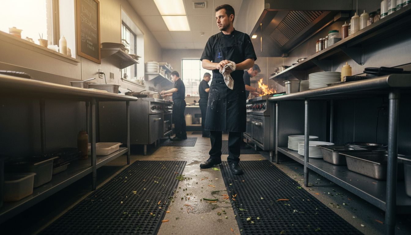 Line cook on rubber mats in busy kitchen