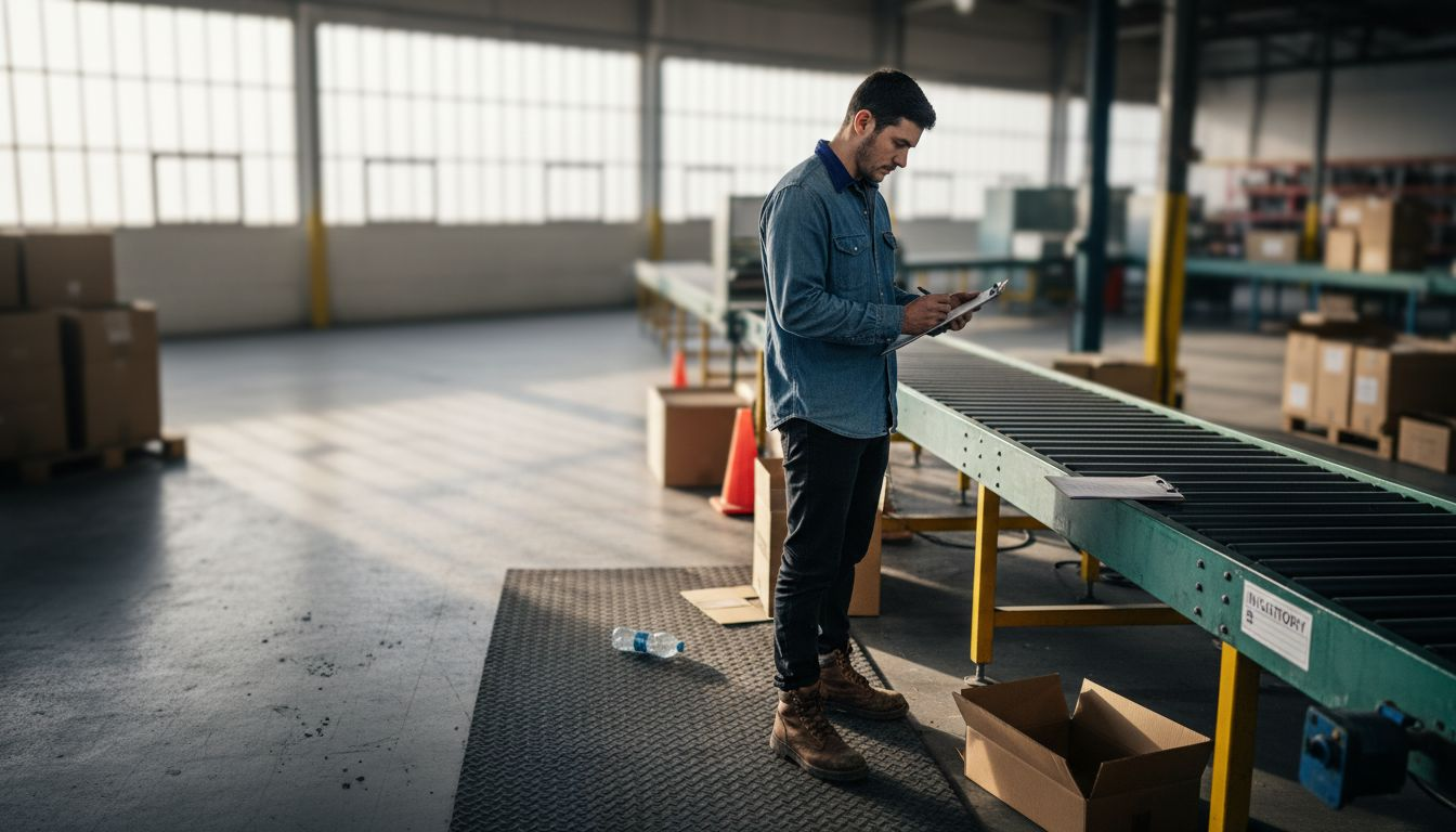 Factory worker using industrial standing mat