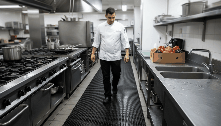Chef walking over anti slip kitchen mat