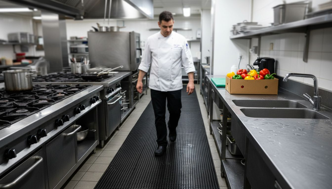 Chef walking over anti slip kitchen mat