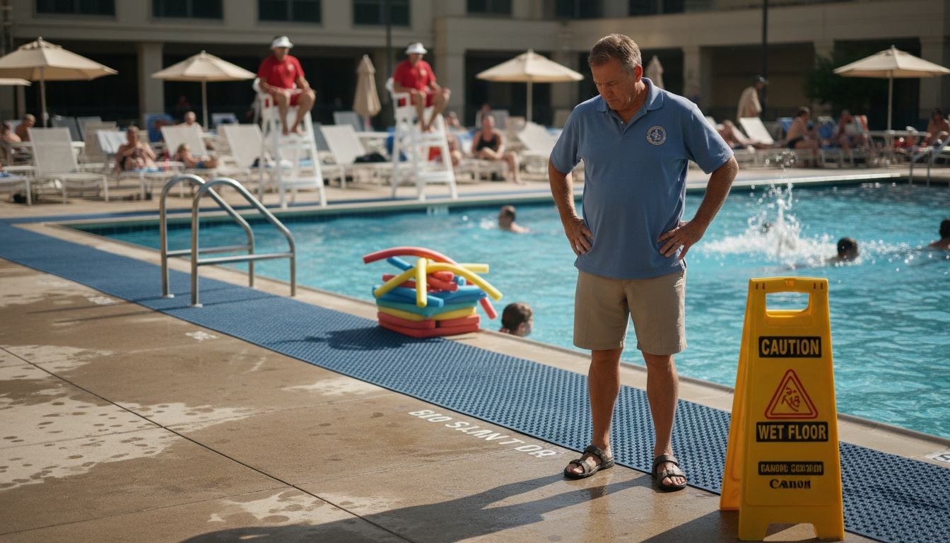 Pool manager inspects anti slip mats