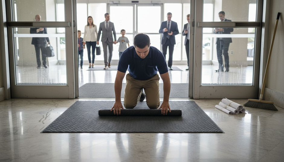 Manager installing non slip mat in hotel lobby