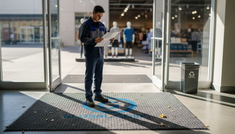 Receptionist at entrance on branded outdoor mat