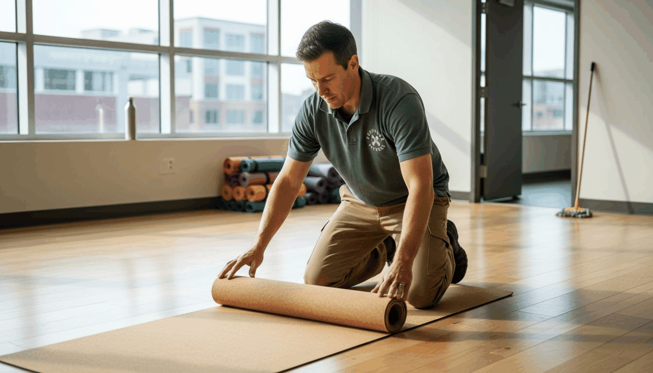 Manager setting up eco yoga mat in studio