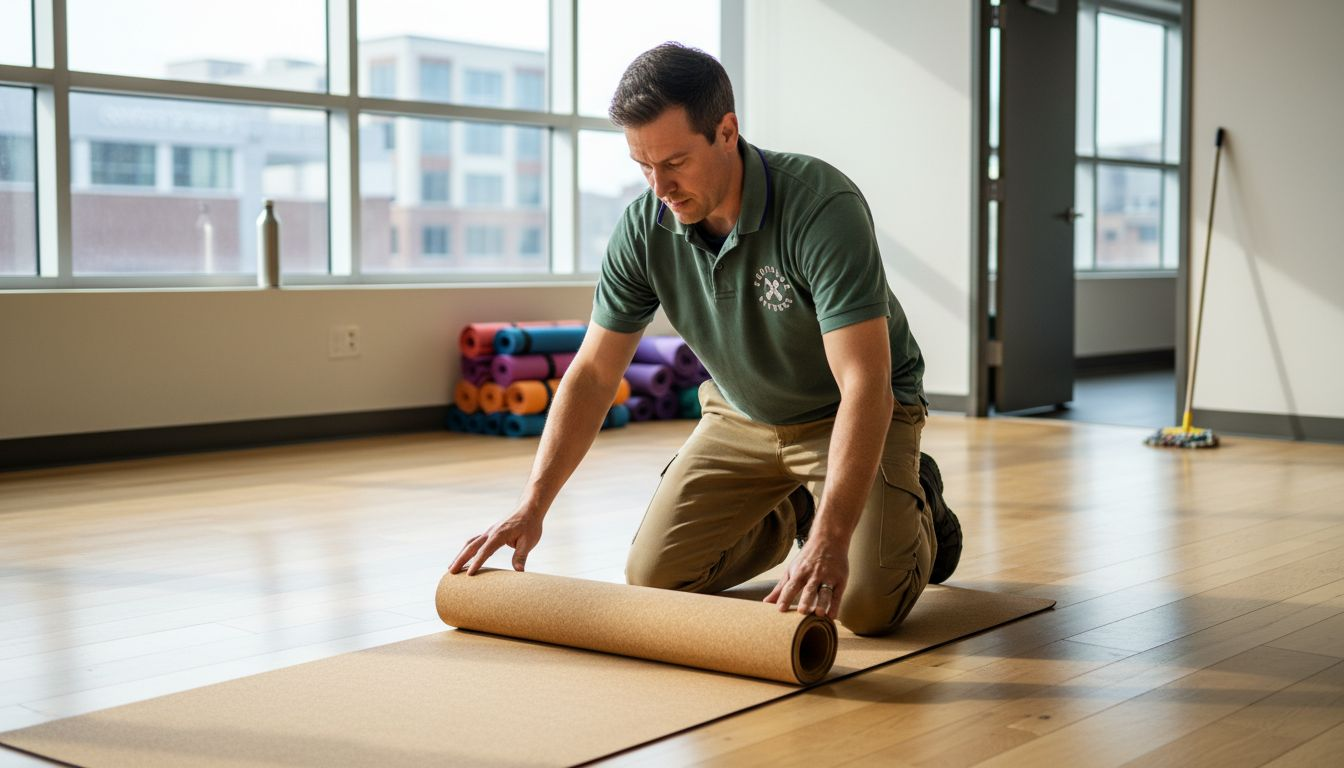 Manager setting up eco yoga mat in studio