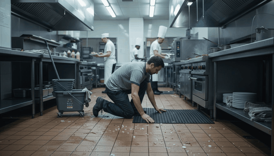 Worker installing slip mat in commercial kitchen