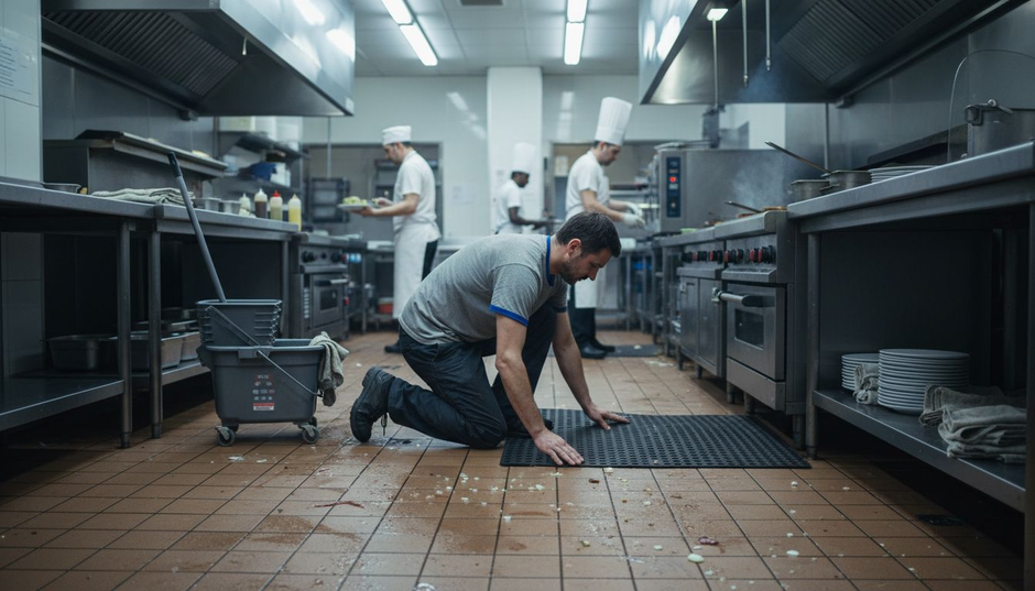 Worker installing slip mat in commercial kitchen
