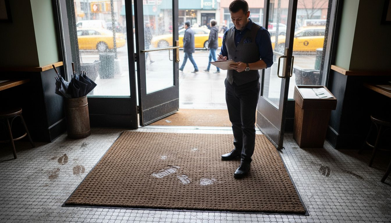 Manager inspecting entrance mat for safety