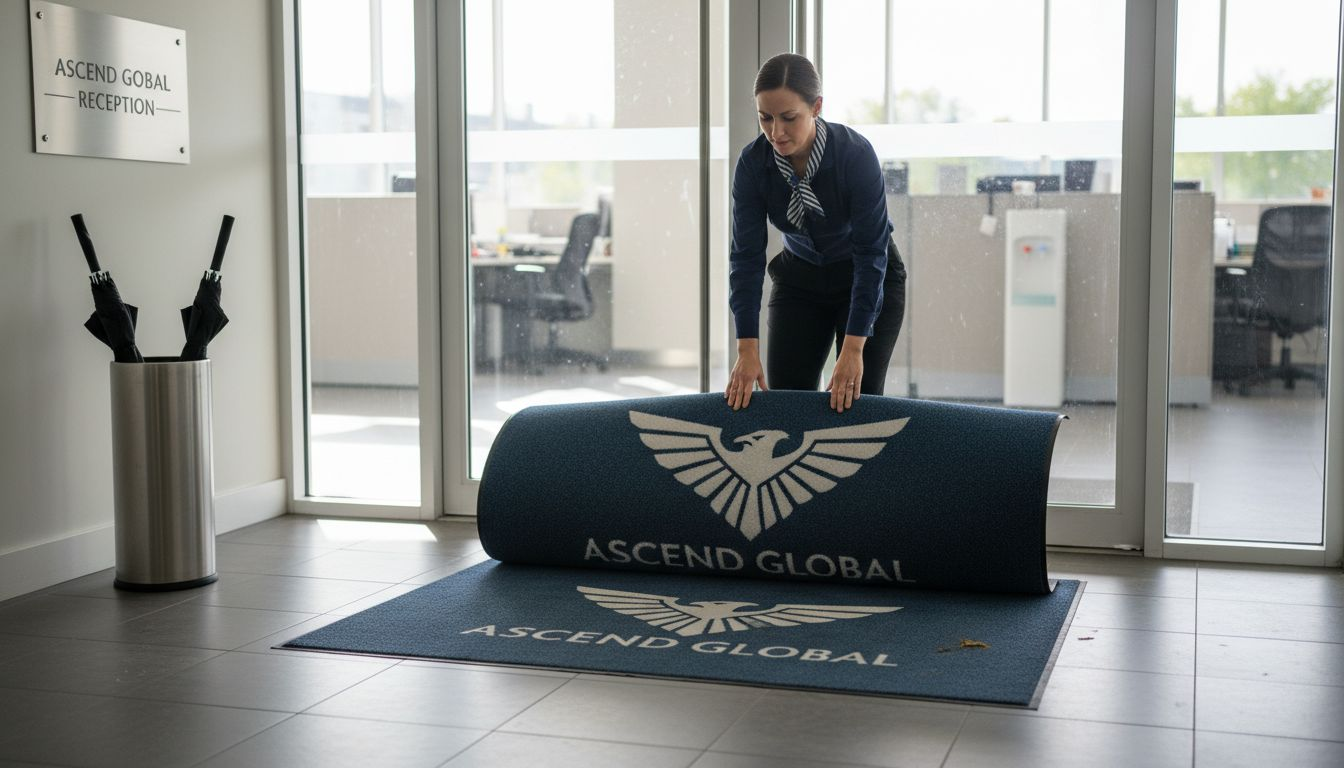 Receptionist placing business logo rug at entrance