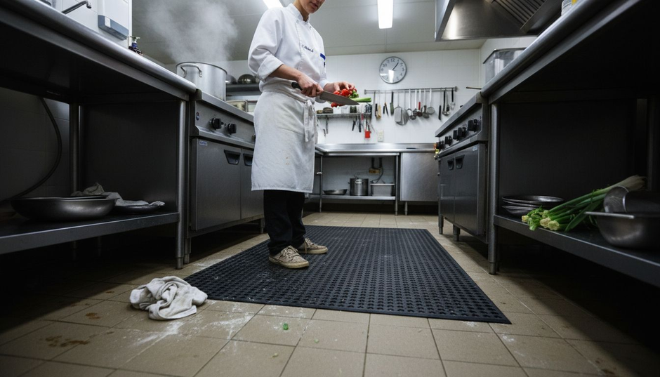 Chef using non slip kitchen mat in busy kitchen