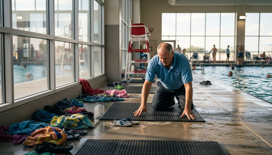 Pool manager adjusting mats at busy indoor pool
