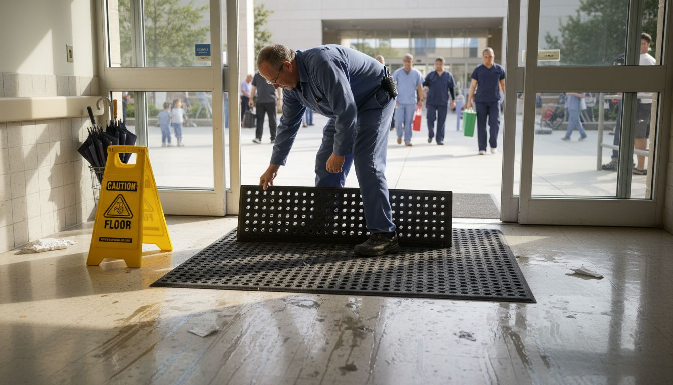 Janitor installing mat in wet entry area