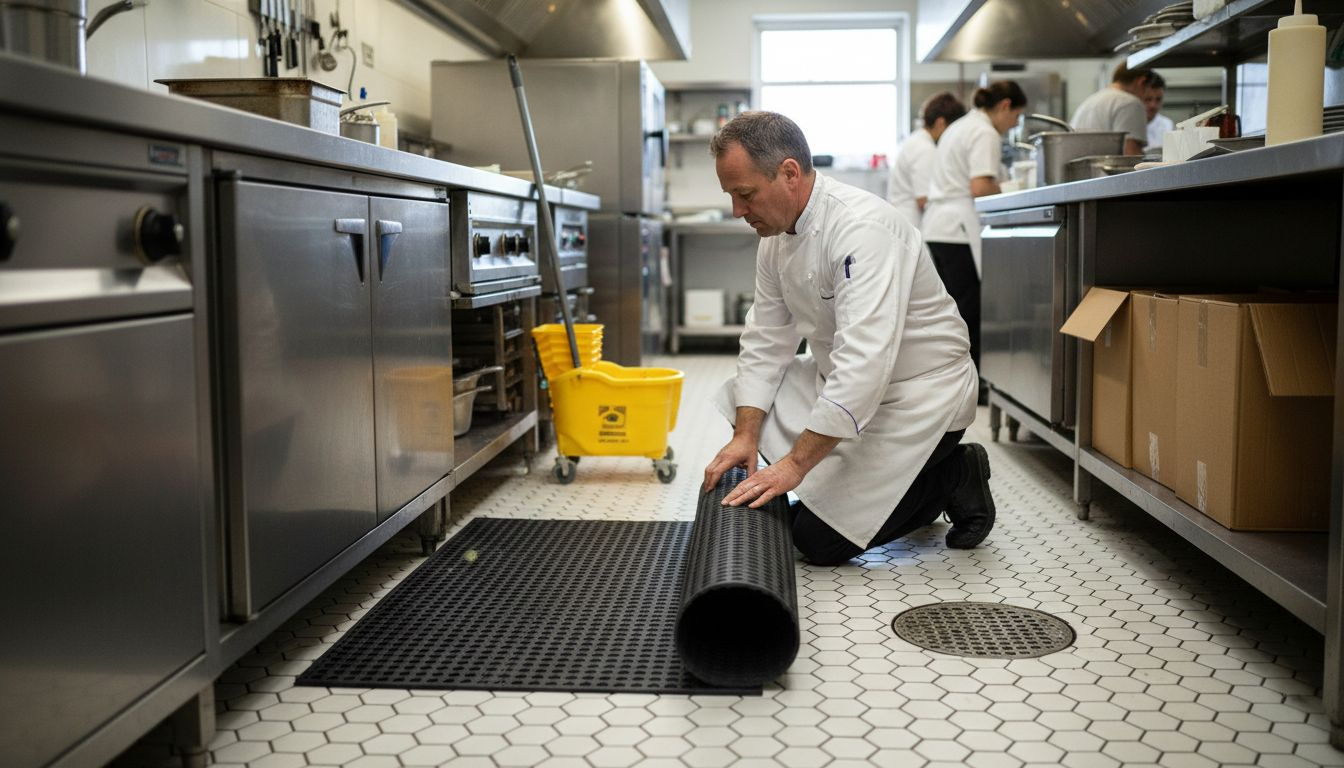 Chef installing non skid mat in kitchen