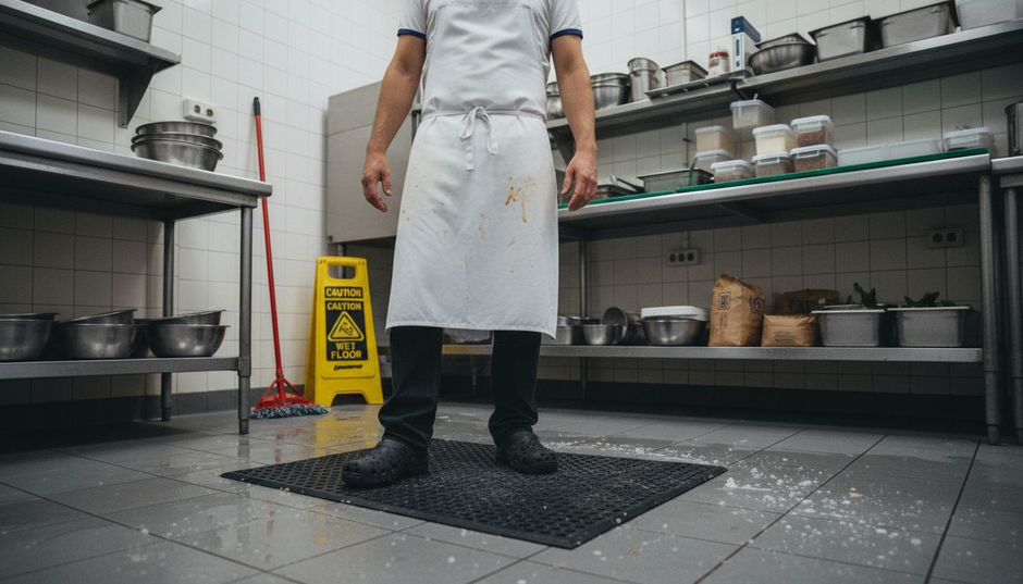 Chef stepping on rubber mat in wet kitchen