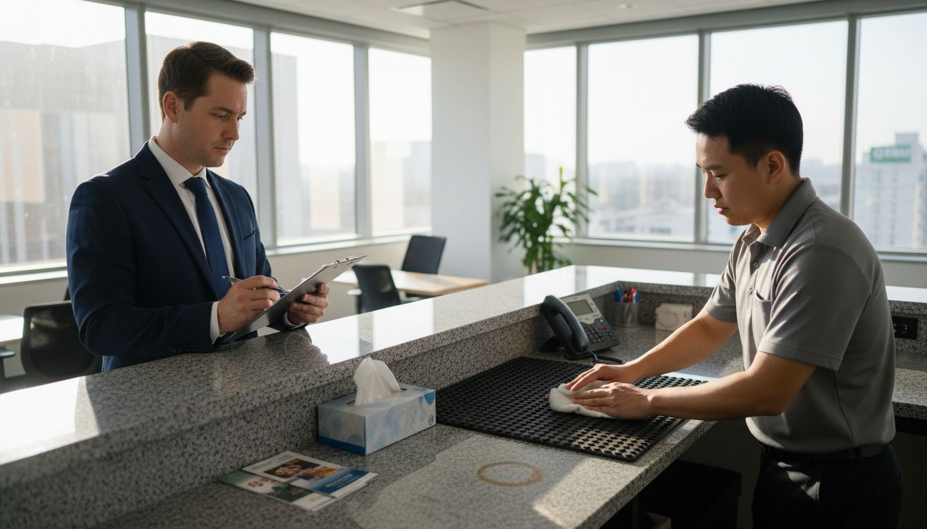 Manager inspects non slip counter mat at reception